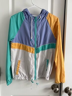Colorblock Hooded Raincoat in Lavender, Teal, Yellow & White